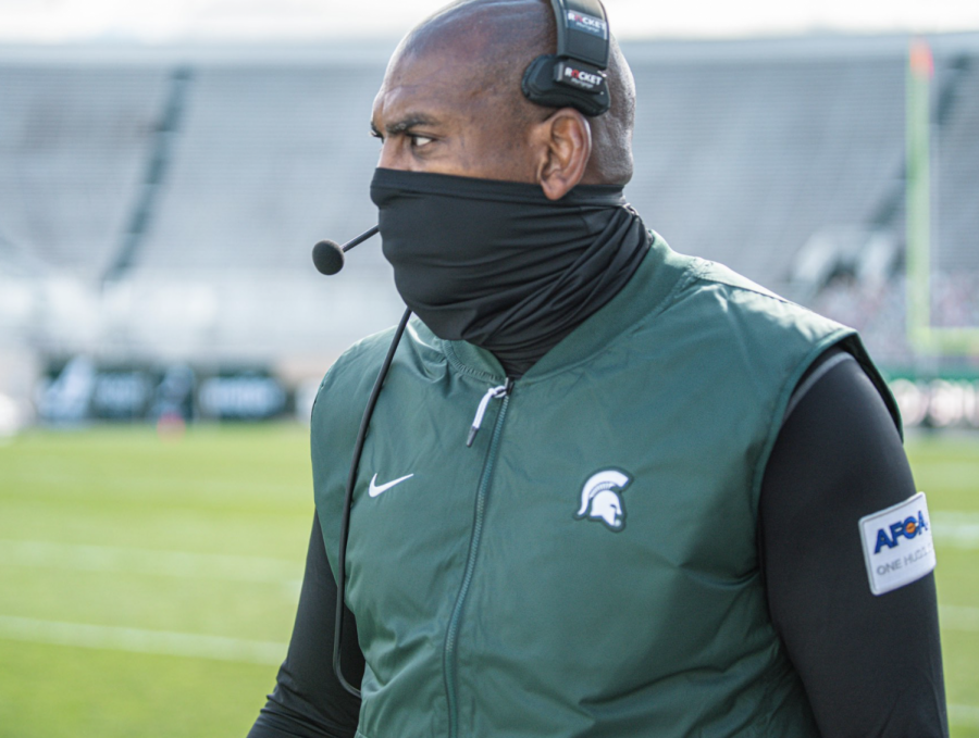 Mel Tucker intently watches the MSU vs. Rutgers game/ Photo Credit: MSU Athletic Communications
