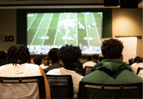 MSU football watches film from their 38-27 loss against Rutgers/ Photo Credit: MSU Athletic Communications