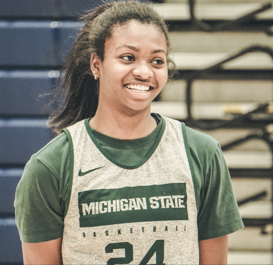 Nia Clouden smiles during practice/ Photo Credit: MSU Athletic Communications 
