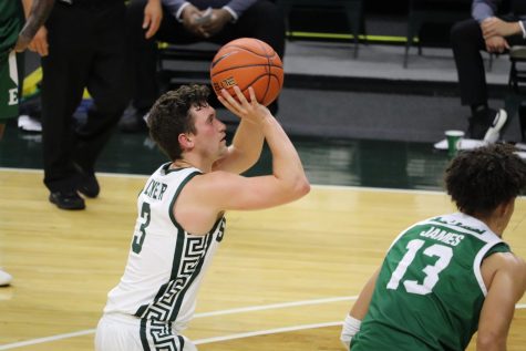 Foster Loyer attempts a free throw vs. Eastern Michigan in the 2020 season opener/ Photo Credit: Ian Gilmour/WDBM 