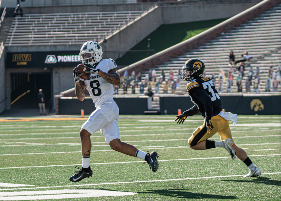 MSU wide receiver Jalen Nailor makes a catch in the Spartans 49-7 loss to Iowa/ Photo Credit: MSU Athletic Communications 