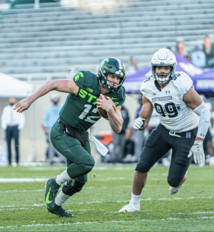 Rocky Lombardi rushes against Northwestern/ Photo Credit: MSU Athletic Communications 