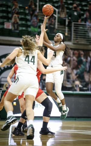 Nia Clouden attempts a runner in the lane against St. Francis/ Photo Credit: MSU Athletic Communications
