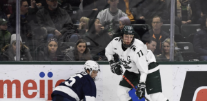 Tommy App handles the puck vs. Penn State/ Photo Credit: MSU Athletic Communications