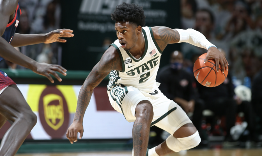 Rocket Watts dribbles against Detroit Mercy/ Photo Credit: MSU Athletic Communications
