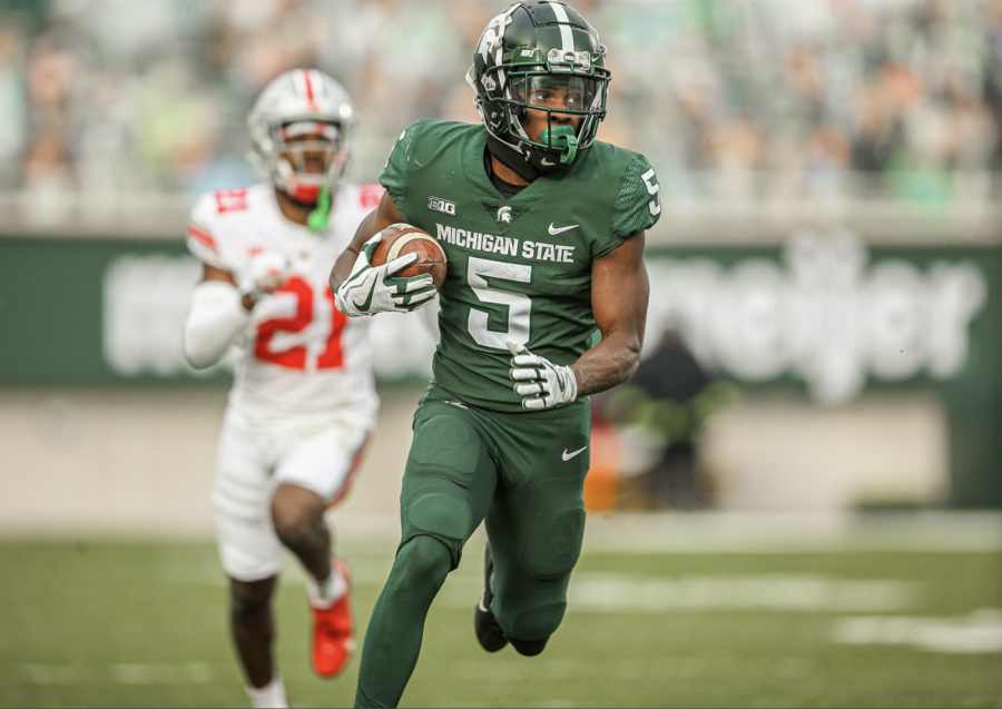 Jayden+Reed+streaks+down+the+sideline+against+No.+4+Ohio+State+as+he+makes+a+55-yard+catch%2F+Photo+Credit%3A+MSU+Athletic+Communications%0A