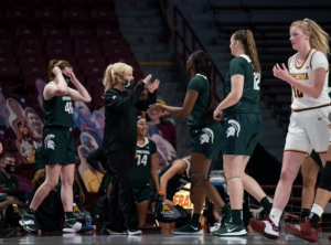 Suzy Merchant gives instructions to her players in the Spartans 81-68 road win over Minnesota/Photo Credit: MSU Athletic Communications
