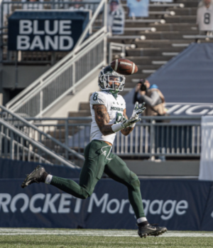 Jalen Nailor catches a 45-yard touchdown pass from Payton Thorne/ Photo Credit: MSU Athletic Communications
