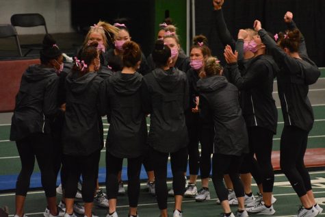 Members of the Michigan State gymnastics team celebrate during the Jan Howard Breast Cancer Awareness Pink Meet on Jan. 30, 2021/Photo Credit: Chase Goff (WDBM)