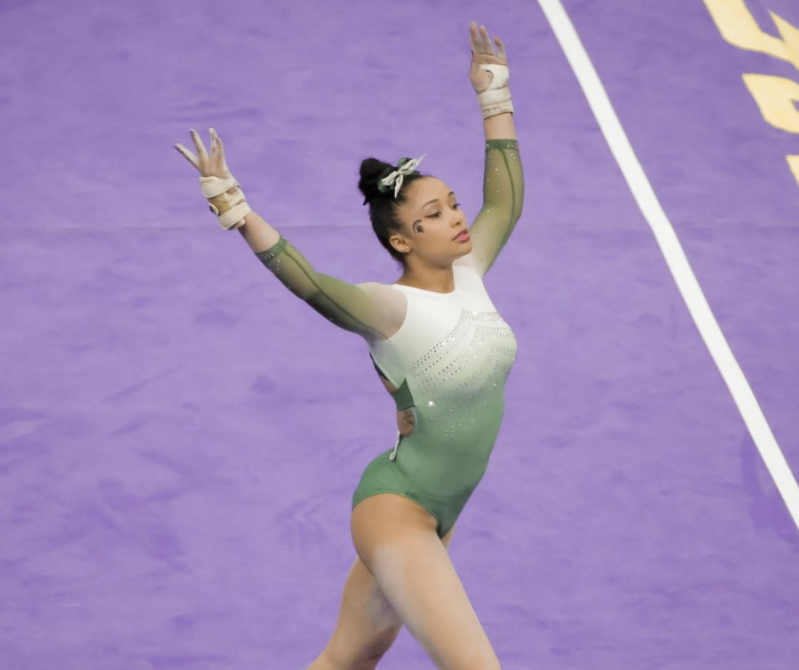 MSU gymnastics co-captain Lea Mitchell competes during a meet/ Photo Credit: MSU Athletic Communications