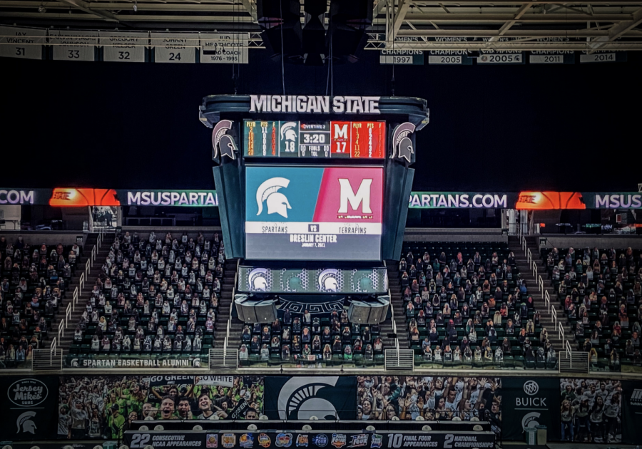 The Breslin Center scoreboard before the MSU vs. No.9 Maryland womens basketball game/ Photo Credit: MSU Athletic Communications
