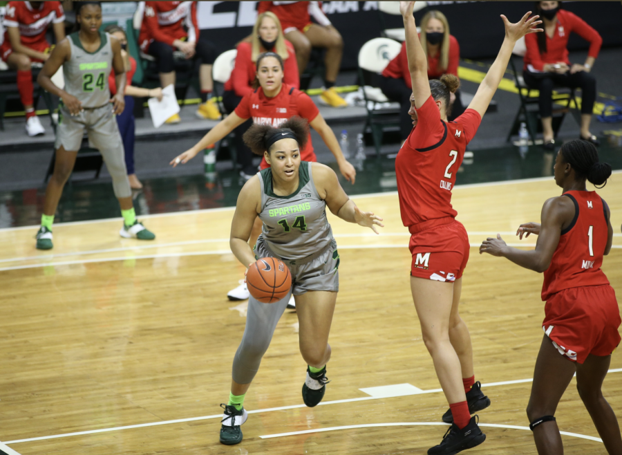 Taiyier Parks drives by Maryland F Mimi Collins in the Spartans 93-87 loss/ Photo Credit: MSU Athletic Communications


