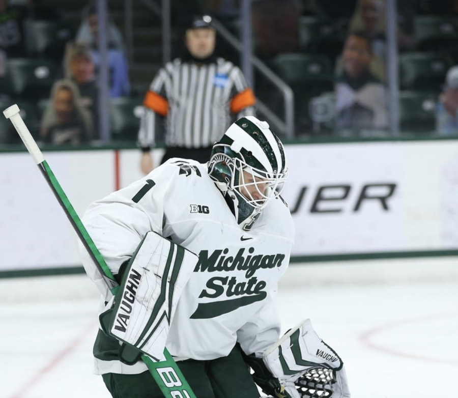 MSU goaltender Drew DeRidder makes a save during a game/Photo Credit: MSU Athletic Communications
