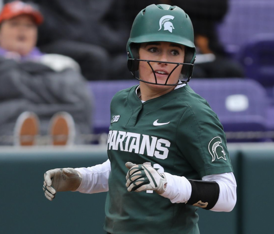 MSU+shortstop+Caitie+Ladd+smiles+after+scoring+a+run%2F+Photo+Credit%3A+MSU+Athletic+Communications%0A%0A