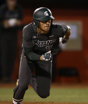 MSU infielder Peter Ahn runs out of the batters box/Photo Credit: MSU Athletic Communications