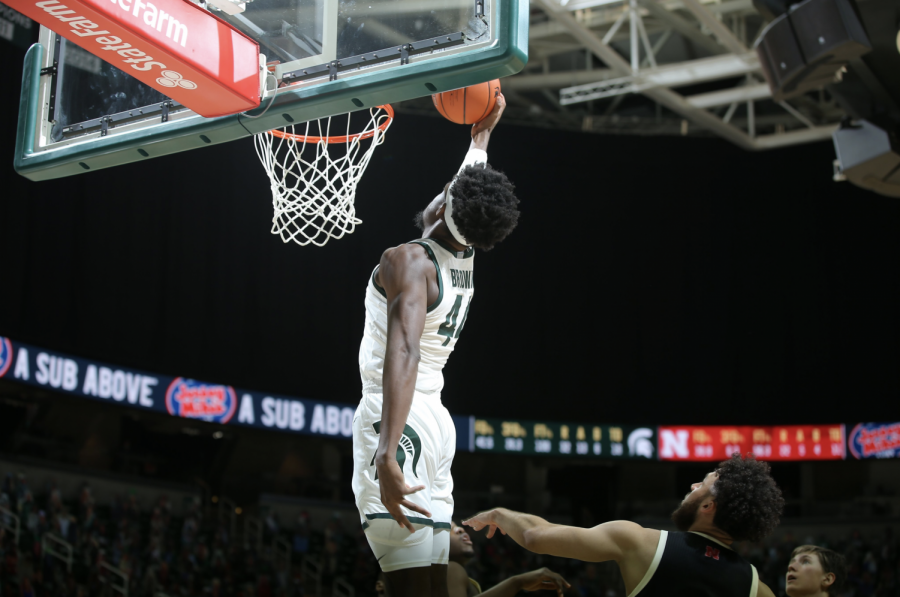 Gabe+Brown+skies+for+a+powerful+dunk+in+the+Spartans+home+win+against+Nebraska%2F+Photo+Credit%3A+MSU+Athletic+Communications