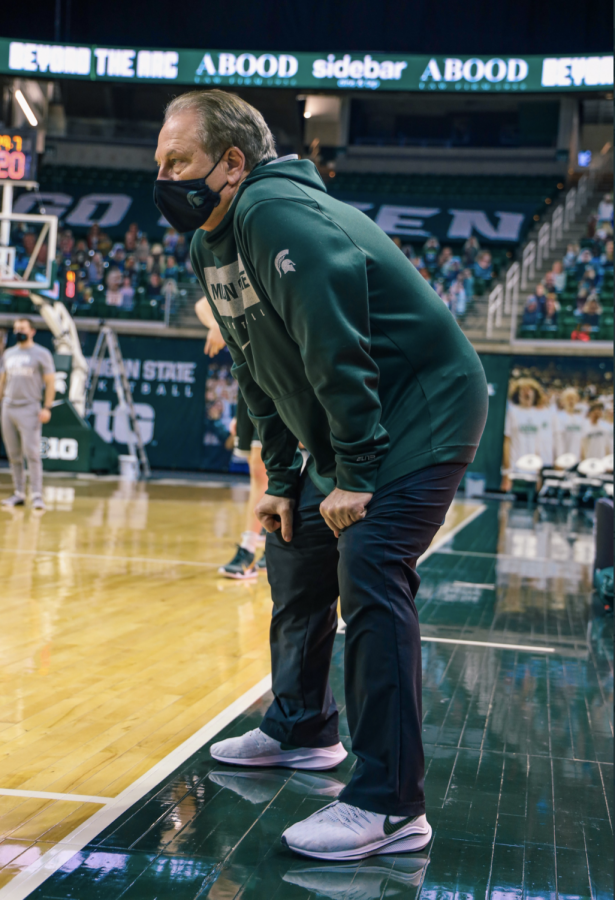 Tom+Izzo+watches+warmups+before+his+team+faces+off+against+Penn+State%2F+Photo+Credit%3A+MSU+Athletic+Communications%0A%0A