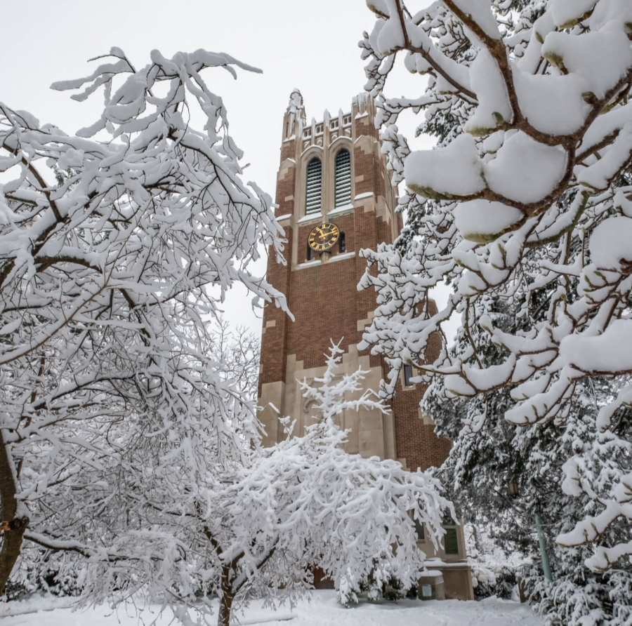 The Beaumont Tower in the middle of winter/ Photo Credit: MSU University Communications

