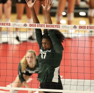 Naya Gros guards the front of the net in the Spartans road loss to Ohio State/ Photo Credit: MSU Athletic Communications

