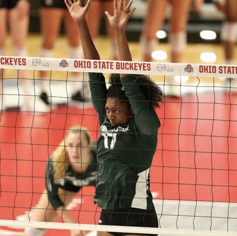 Naya Gros guards the front of the net in the Spartans road loss to Ohio State/ Photo Credit: MSU Athletic Communications


