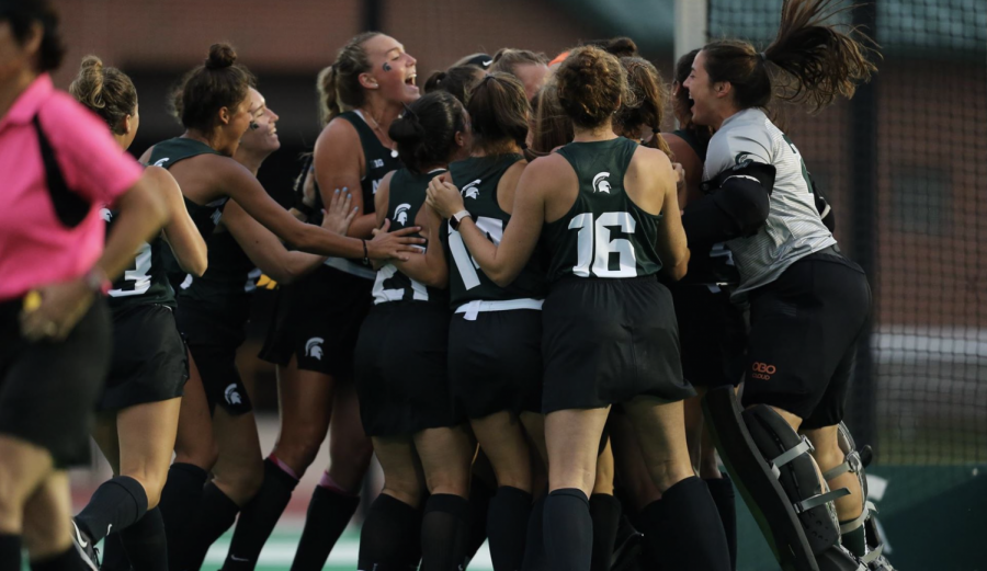 The MSU field hockey team celebrates after a shootout win/ Photo Credit: MSU Athletic Communications

