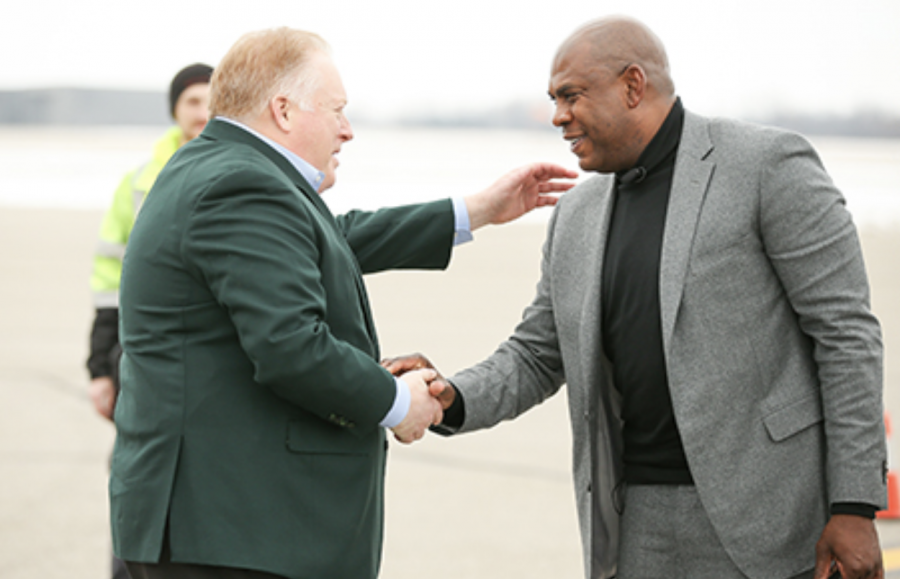 MSU athletic director Bill Beekman shakes the hand of new football head coach Mel Tucker/ Photo Credit: MSU Athletic Communications



