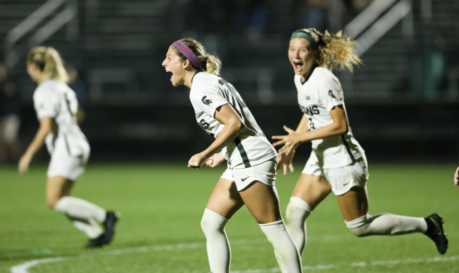 Gia+Wahlberg+celebrates+after+scoring+a+goal%2F+Photo+Credit%3A+MSU+Athletic+Communications+