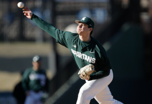 MSU pitcher Sam Benschoter delivers a pitch during a game/ Photo Credit: MSU Athletic Communications


