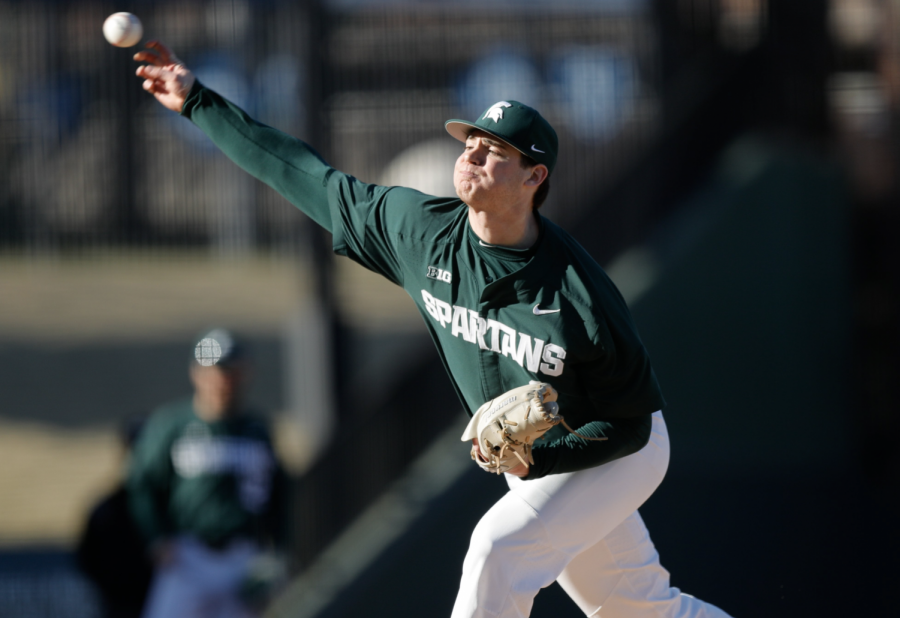 MSU+pitcher+Sam+Benschoter+delivers+a+pitch+during+a+game%2F+Photo+Credit%3A+MSU+Athletic+Communications%0A%0A