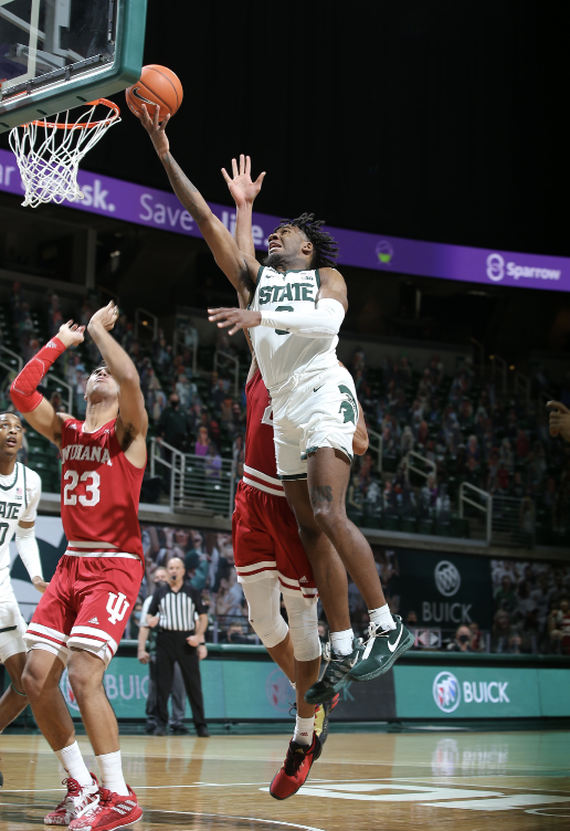 MSU forward Aaron Henry drives to the cup in the Spartans 64-56 win over Indiana/ Photo Credit: MSU Athletic Communications

