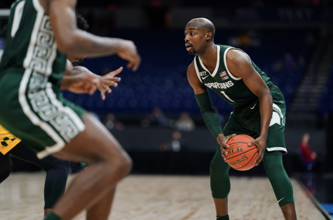 MSU guard Joshua Langford looks for an open teammate in the Spartans 68-57 loss to Maryland in the first round of the Big Ten tournament/ Photo Credit: MSU Athletic Communications


