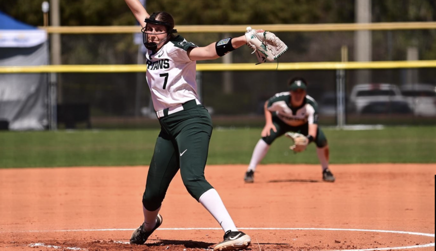 MSU pitcher Ashley Miller delivers a pitch during a game/ Photo Credit: MSU Athletic Communications 




