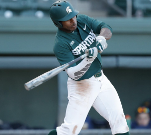 MSU outfielder Zaid Walker swings at a pitch during a game/ Photo Credit: Jeremy Fleming/MSU Athletic 
Communications 

