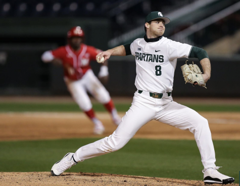 MSU pitcher Sam Benschoter delivers a pitch against Maryland/Photo Credit: Jeremy Fleming/ MSU Athletic Communications

