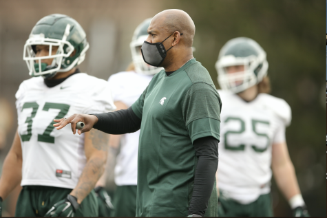MSU coach Mel Tucker supervises the first day of spring practice/ Photo Credit: MSU Athletic Communications