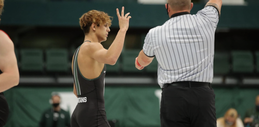 MSU+wrestler+Chase+Saldate+celebrates+after+being+declared+the+winner+of+a+match%2F+Photo+Credit%3A+MSU+Athletic+Communications%0A%0A%0A%0A%0A%0A%0A