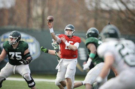 MSU quarterback Anthony Russo winds up for a throw during spring practice/Photo Credit: MSU Athletic Communications


