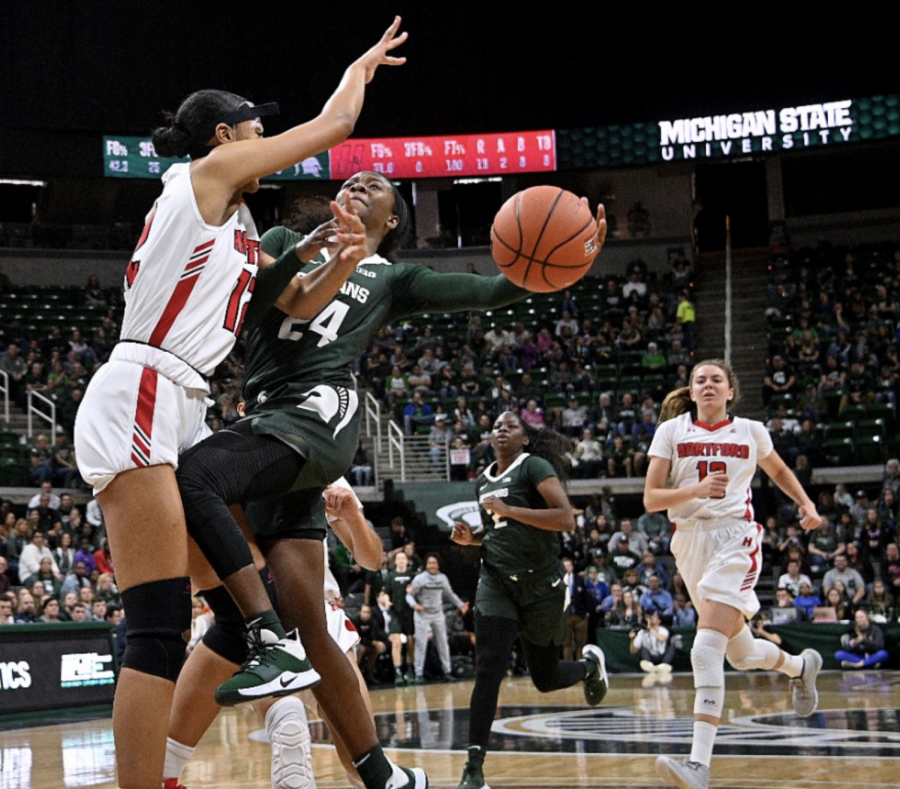 MSU guard Nia Clouden drives to the basket against Hartford in 2019/ Photo Credit: MSU Athletic Communications 

