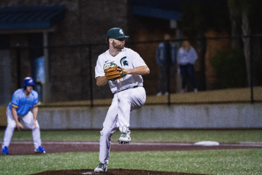 MSU first baseman/ pitcher Zach Iverson prepares to deliver a pitch during a game/ Photo Credit: MSU Athletic Communications 
