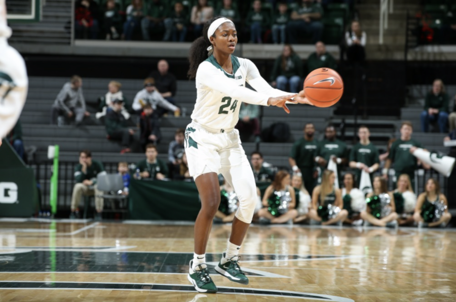 MSU+guard+Nia+Clouden+throws+a+pass+over+to+an+open+teammate%2F+Photo+Credit%3A+MSU+Athletic+Communications+%0A%0A