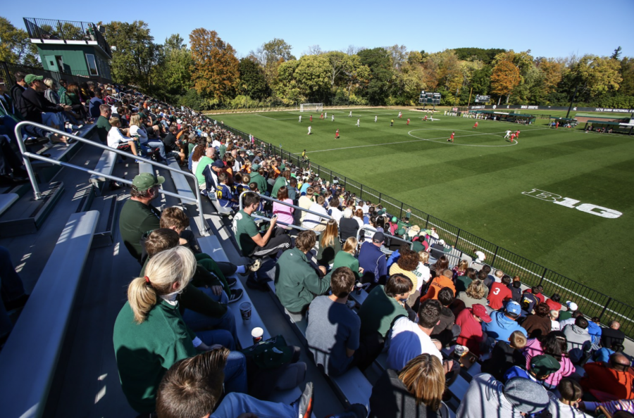 Fans at DeMartin Stadium watch a mens soccer game/ Photo Credit: MSU Athletic Communications 

