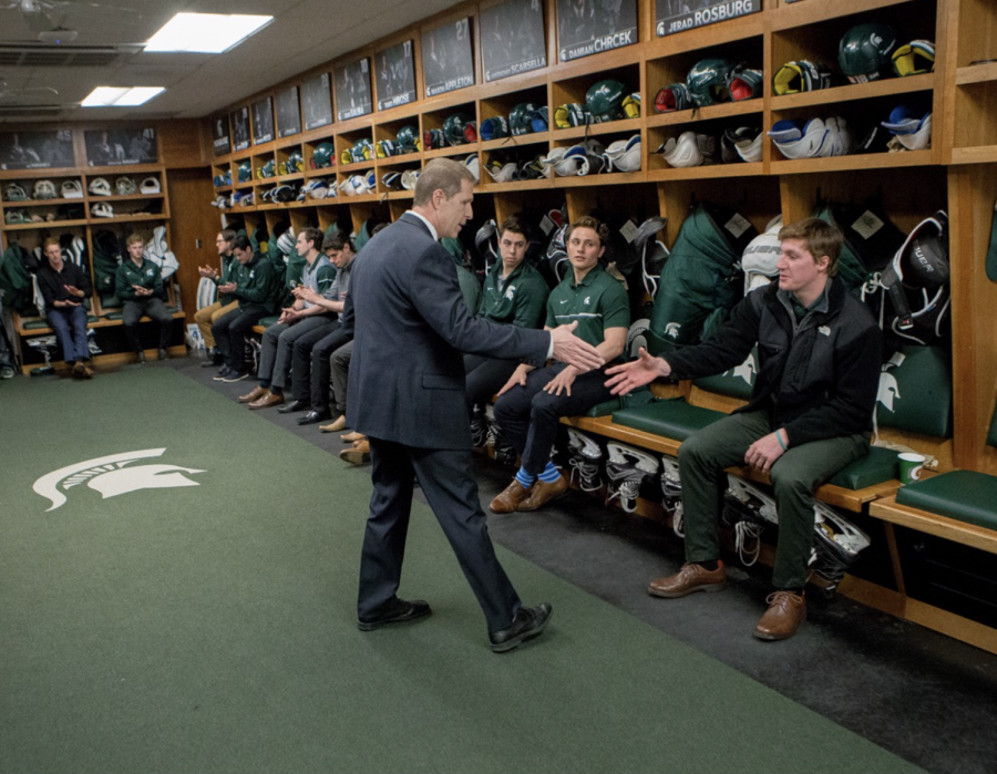 MSU head coach Danton Cole prepares to shake hands with a player/ Photo Credit: MSU Athletic Communications 