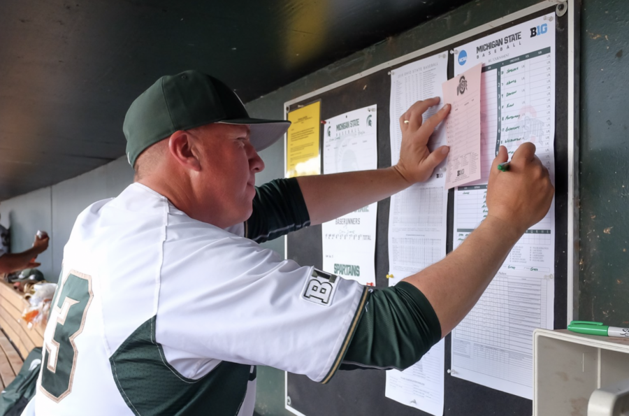 MSU+manager+Jake+Boss++sets+his+teams+lineup%2F+Photo+Credit%3A+MSU+Athletic+Communications+%0A%0A%0A