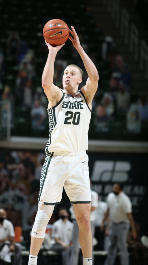 MSU forward Joey Hauser attempts a jumper in the Spartans 79-61 home win over Western Michigan on Dec. 6, 2020/ Photo Credit: MSU Athletic Communications 
