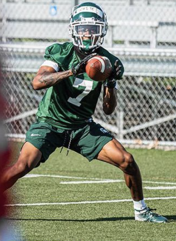 MSU wide receiver Ricky White catches a ball during practice/ Photo Credit: MSU Athletic Communications 