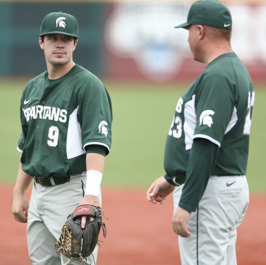 MSU+head+coach+Jake+Boss+stands+next+to+a+player%2F+Photo+Credit%3A+MSU+Athletic+Communications+