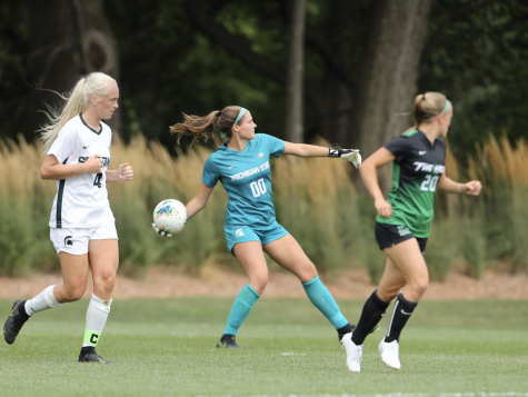 MSU goaltender Lauren Kozal makes a throw-in against Marshall on Aug. 25, 2019/ Photo Credit: MSU Athletic Communications
