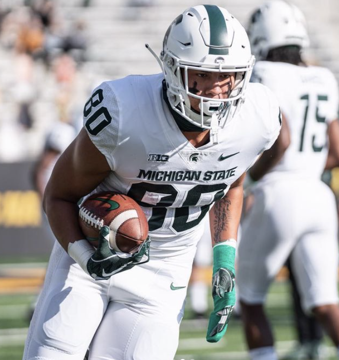MSU+wide+receiver+Ian+Stewart+warms+up+in+the+Spartans+49-7+loss+to+Iowa+on+Nov.+7%2C+2020%2F+Photo+Credit%3A+MSU+Athletic+Communications+