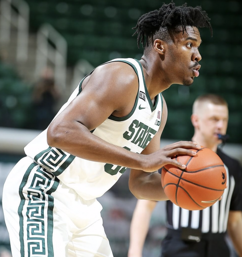 MSU+forward+Julius+Marble+looks+for+an+open+teammate+during+a+game%2F+Photo+Credit%3A+MSU+Athletic+Communications+