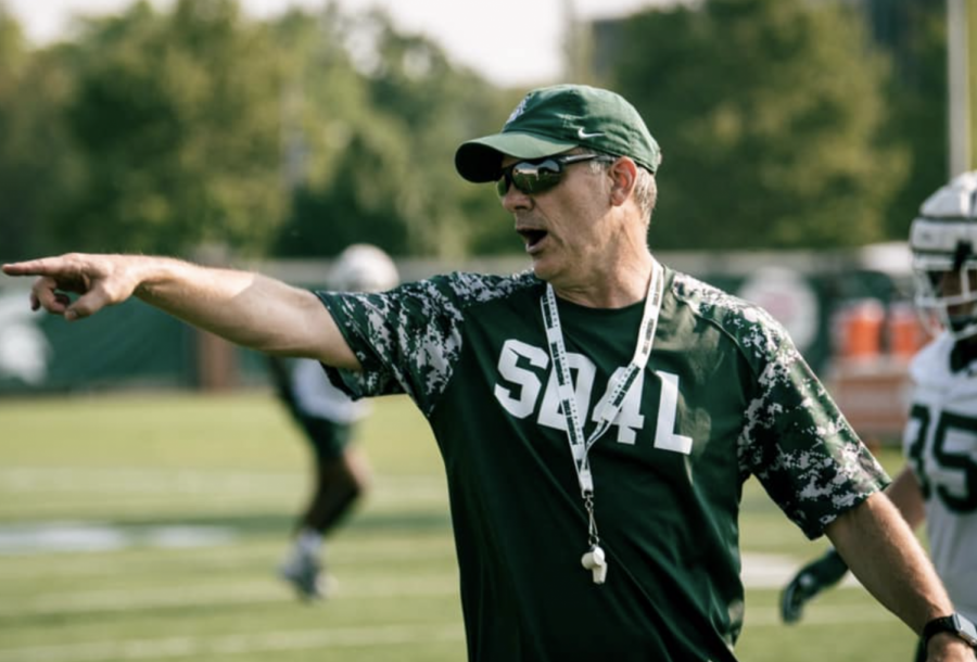 MSU linebacker/special teams coach Ross Els shouts out instructions during the second day of 2021 fall camp/ Photo Credit: MSU Athletic Communications 